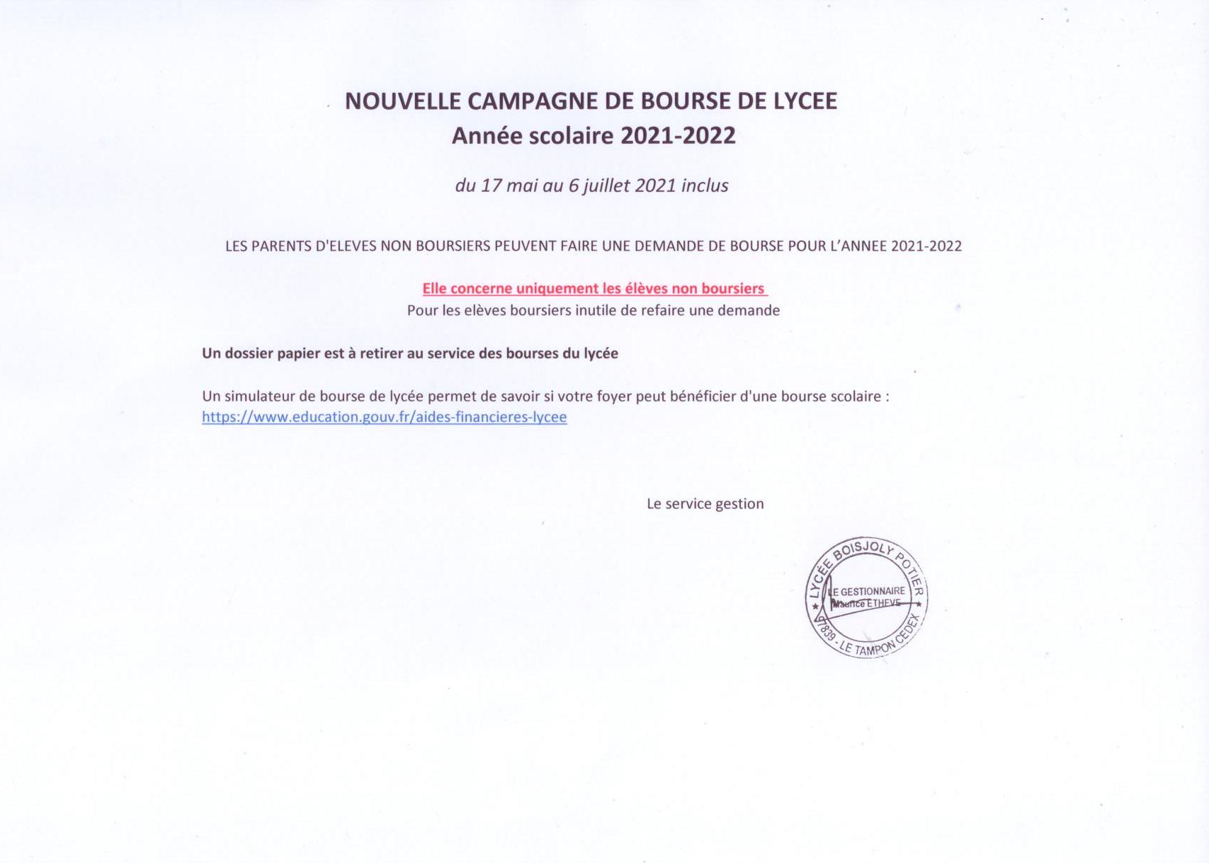 NOUVELLE CAMPAGNE DE BOURSE 2021-2022